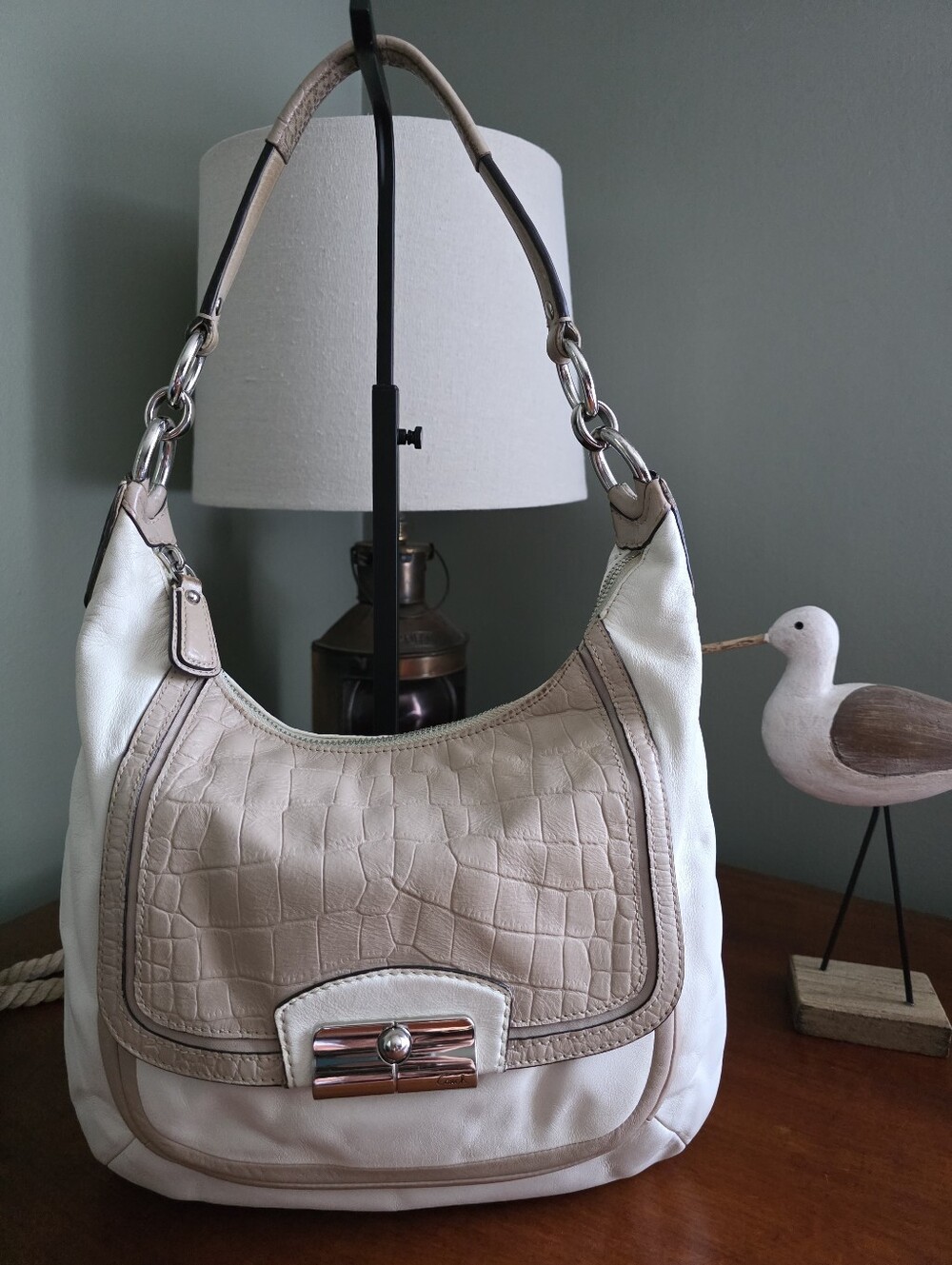 Coach F22509 Kristin Spectator Y2K Hobo White Tan Snake Embossed Leather Bag